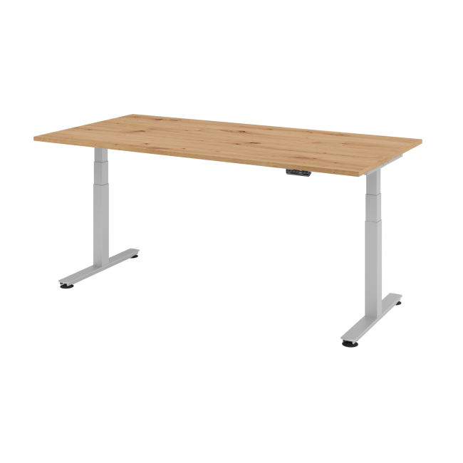 E-Tisch Jakarta - elektr. höhenverstellbar - 2000 x 1000 - T-Fuß - silber/asteiche