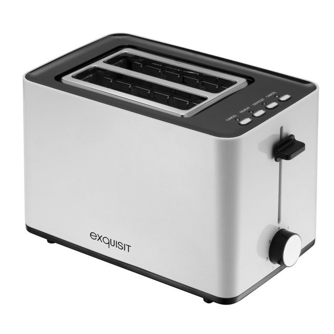 Exquisiter Toaster 2 Scheiben mit Brötchenaufsatz 850 Watt 
Unter folgedem Link finden Sie ein Produktvideo zu diesem Toaster: https://youtu.be/vxZUVBLlH5M 
7 Bräunungsstufen: die Bräunung jedes Toast oder Brötchen kann individuell angepasst werden 
Brötchenaufsatz: Ohne großen Aufwand den Aufsatz befestigen und schnell das Brötchen auftoasten 
Kabelaufwicklung: Durch die Kabelaufwicklung kann man das Kabel unkompliziert am Gerät verstauen 
Krümelschublade: Krümel werden mit der Schublade aufgefangen. Dies sorgt für eine leichte und schnelle Reinigung 
Anzahl Toastscheiben: 2 
Bräunungsstufen: 7 
Bräunungskontrolle: elektronisch 
Funktionstasten mit Beleuchtung 
Toastzentrierung: automatisch 
mit Krümelschublade 
inkl. Brötchenaufsatz 
mit Auftaufunktion 
mit Aufwärmfunktion 
mit Schnellstopp Funktion 
mit Kabelaufwicklung 
Leistung: 850 Watt 
Maße: ca. 190 x 275 x 163 mm (HxBxT)
Einfache Reinigung durch Krümelschublade