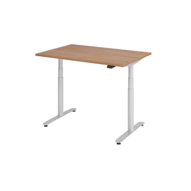 E-Tisch Basel - elektr. höhenverstellbar - Bluetooth - T-Fuß - B 1200 mm - silber/nussbaum