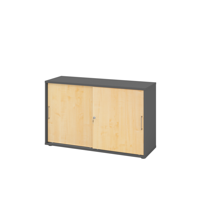 Schiebetürenschrank aus Holz - 2 Ordnerhöhen - zerlegt - graphit/ahorn - Bügelgriff Metall