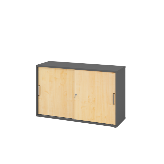Schiebetürenschrank aus Holz - 2 Ordnerhöhen - zerlegt - graphit/ahorn - Streifengriff Kunststoff