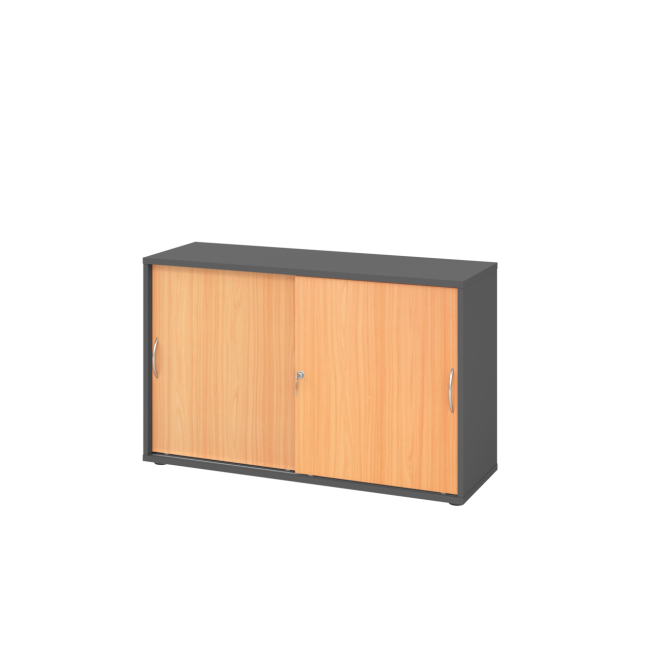 Schiebetürenschrank aus Holz - 2 Ordnerhöhen - zerlegt - graphit/buche - Bogengriff Metall