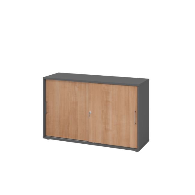 Schiebetürenschrank aus Holz - 2 Ordnerhöhen - zerlegt - graphit/nussbaum - Bügelgriff Metall