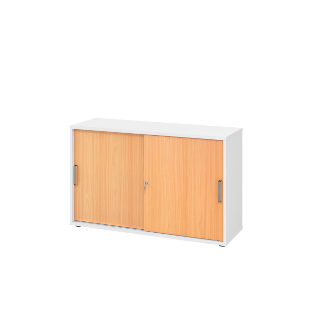 Schiebetürenschrank aus Holz - 2 Ordnerhöhen - zerlegt - weiß/buche - Streifengriff Kunststoff