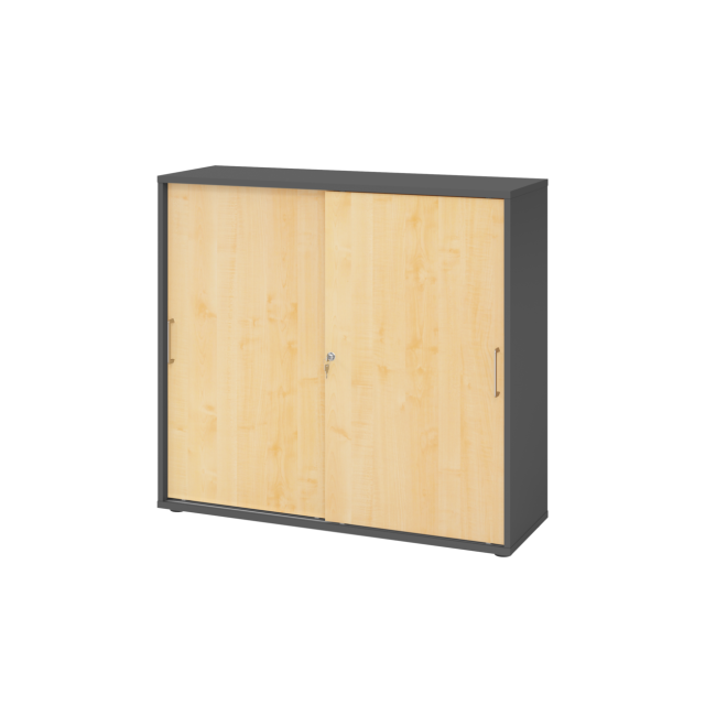 Schiebetürenschrank aus Holz - 3 Ordnerhöhen - zerlegt - graphit/ahorn - Bügelgriff Metall