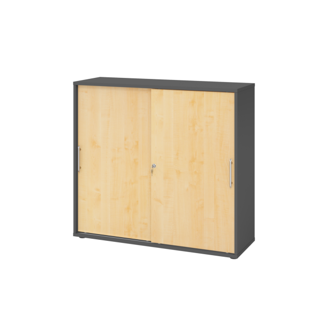 Schiebetürenschrank aus Holz - 3 Ordnerhöhen - zerlegt - graphit/ahorn - Relinggriff Kunststoff
