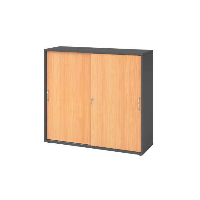 Schiebetürenschrank aus Holz - 3 Ordnerhöhen - zerlegt - graphit/buche - Bogengriff Metall