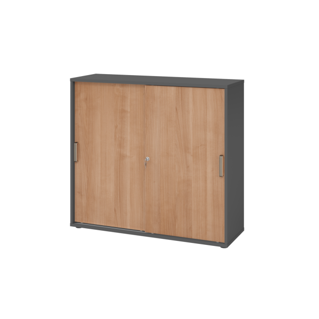 Schiebetürenschrank aus Holz - 3 Ordnerhöhen - zerlegt - graphit/nussbaum - Streifengriff Kunststoff