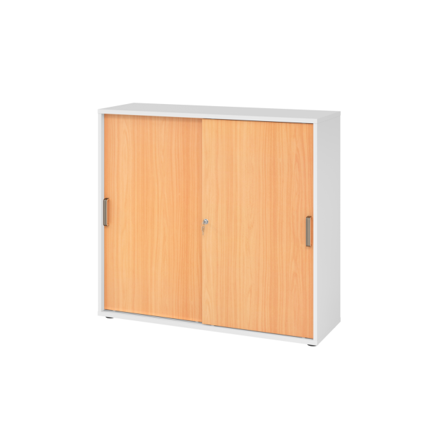 Schiebetürenschrank aus Holz - 3 Ordnerhöhen - zerlegt - weiß/buche - Streifengriff Kunststoff