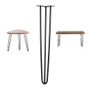 Steelboxx Hairpin Legs Tischbeine sorgen f&uuml;r eine edle und extravagante Optik an Ihrem M&ouml;belst&uuml;ck. Bei uns haben Sie die Wahl aus verschiedenen Tischbeinh&ouml;hen. 
Material: Stahl&nbsp; 
Farbe: Schwarz 
Tischbeinh&ouml;hen: 60cm&nbsp; 
Materialst&auml;rke Befestigungsplatte: 3mm&nbsp; 
Durchmesser Rundrohr: 12mm&nbsp; 
Inklusive Bodenschoner zum Schutz Ihres Bodens&nbsp; 
Inklusive Schrauben 
Lieferumfang: 4 x Tischbeine, 4 x Bodenschoner, Schrauben