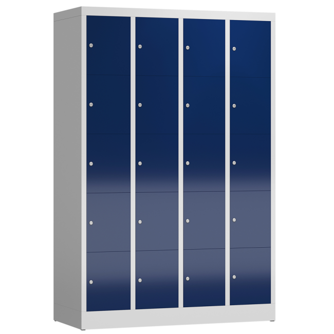 Seitenansicht vom Steelboxx Schließfachschrank Fächerschrank 20 Fächer Spind 180x118,5x50cm Wertfachschrank grau/blau X-520546 komplett montiert.