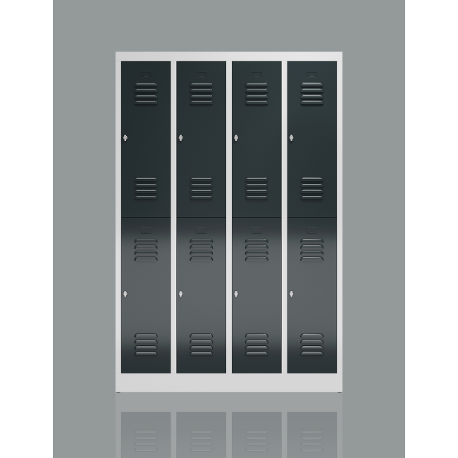 Schrägansicht eines ClassiX Garderobenspinds mit 4 doppelstöckigen Abteilen, abschließbar mit Drehriegelverschluss, Korpus lichtgrau, Türen anthrazit
