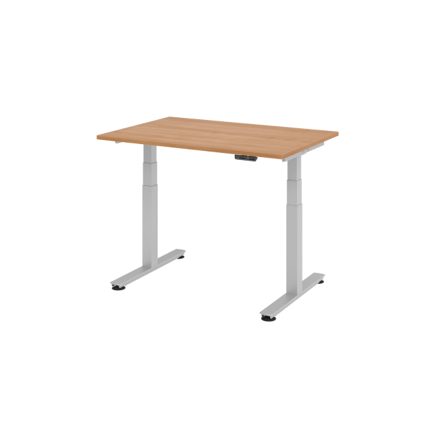 E-Tisch Jakarta - elektr. höhenverstellbar - 1200 x 800 - T-Fuß - silber/nussbaum