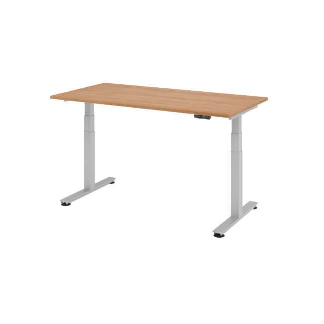 E-Tisch Jakarta - elektr. höhenverstellbar - 1600 x 800 - T-Fuß - silber/nussbaum