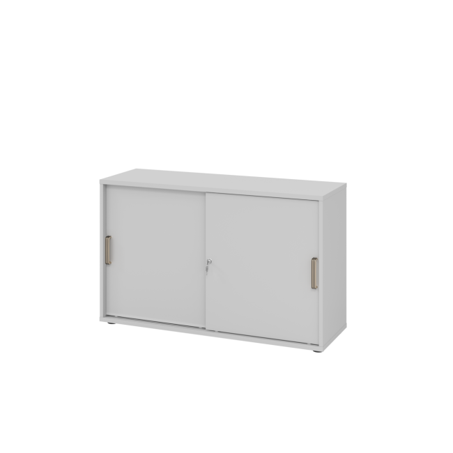 Schiebetürenschrank aus Holz - 2 Ordnerhöhen - zerlegt - grau - Streifengriff Kunststoff