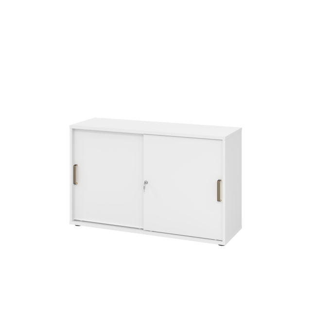 Schiebetürenschrank aus Holz - 2 Ordnerhöhen - zerlegt - weiß - Streifengriff Kunststoff