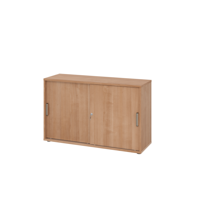 Schiebetürenschrank aus Holz - 2 Ordnerhöhen - zerlegt - nussbaum - Streifengriff Kunststoff