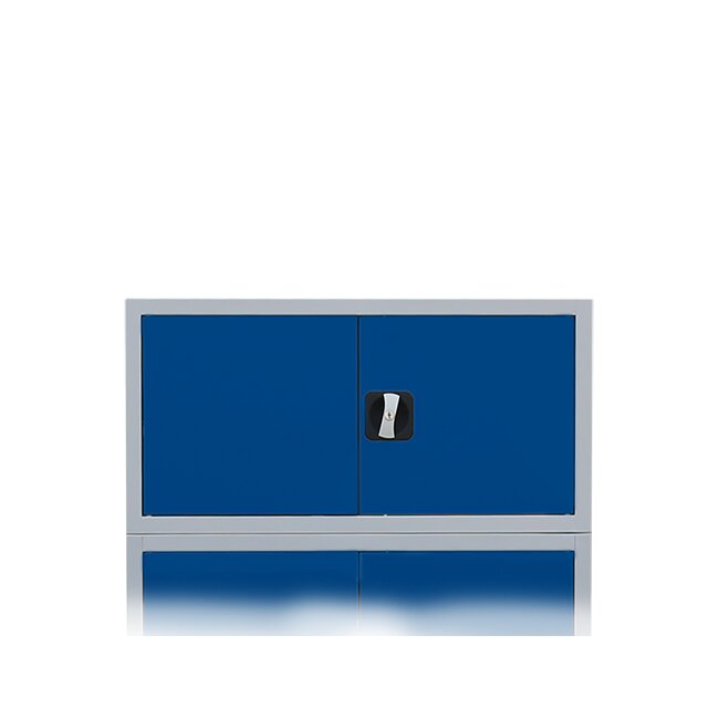 Aufsatzschrank mit Flügeltüren und Zylinderschloss mit Drehgriff - 450 x 925 x 422 mm - lichtgrau/enzianblau