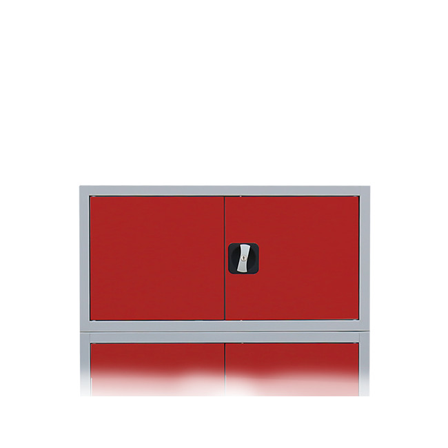 Aufsatzschrank mit Flügeltüren und Zylinderschloss mit Drehgriff - 450 x 925 x 422 mm - lichtgrau/feuerrot