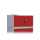Aufsatzschrank mit Flügeltüren und Zylinderschloss mit Drehgriff - 450 x 925 x 422 mm - lichtgrau/feuerrot