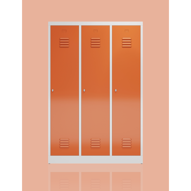 Schrägansicht eines ClassiX Garderobenspinds mit 3 Abteilen, abschließbar mit Drehriegelverschluss, S/W-Trennung, Korpus lichtgrau, Türen feuerrot