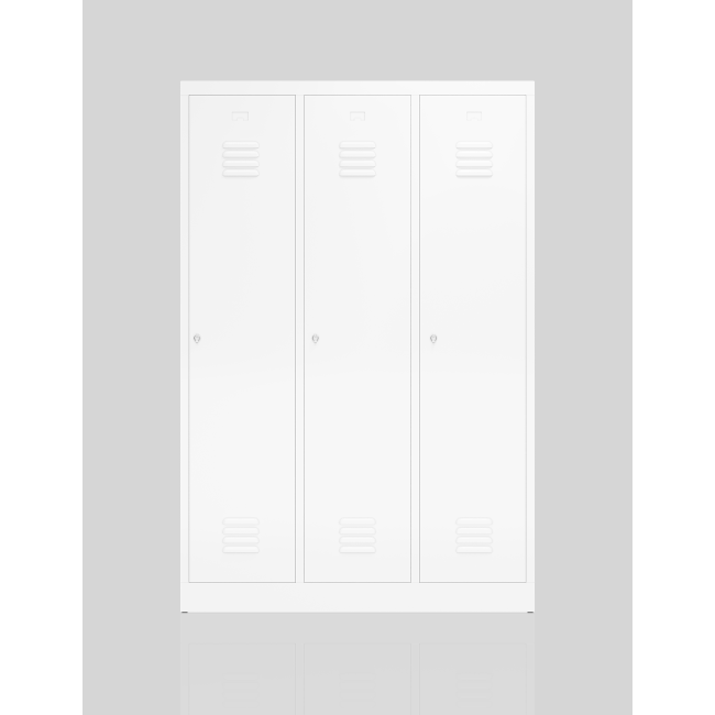 Schrägansicht eines ClassiX Garderobenspinds mit 3 Abteilen, abschließbar mit Drehriegelverschluss, S/W-Trennung, Korpus und Türen in signalweiß