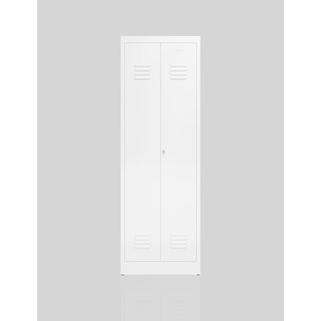 Schrägansicht eines ClassiX Garderobenspinds mit 2 mittig schließenden Abteilen, abschließbar mit Drehriegelverschluss, Korpus und Türen in signalweiß