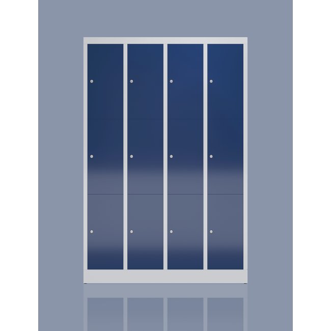Variantenansicht mit 7 unterschiedlichen Farben vom Steelboxx Schließfachschrank Fächerschrank mit 12 Fächern Spind X-520340-520348 komplett montiert.