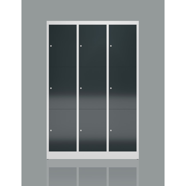 Variantenansicht mit 7 unterschiedlichen Farben vom Steelboxx Spind 9 Fächer extra breit Wertfachschrank X-523330-523338 komplett montiert.