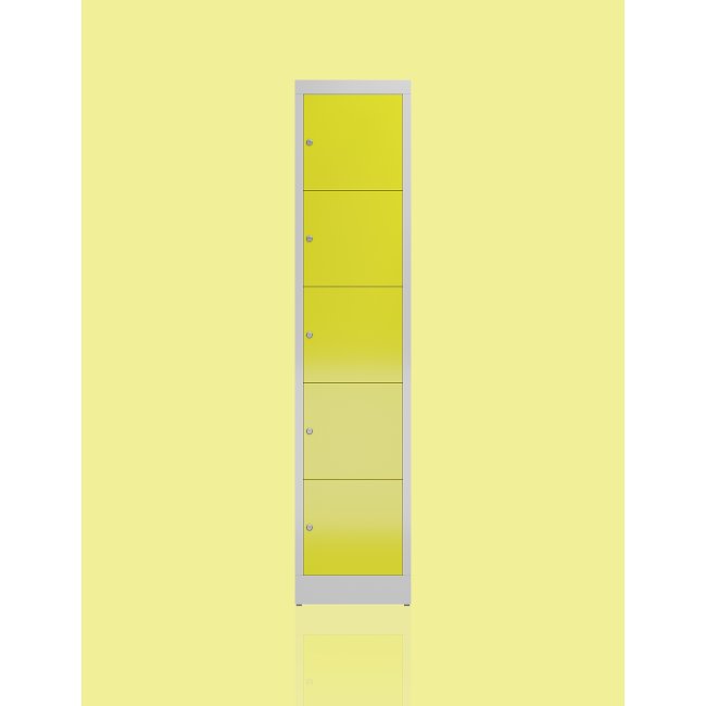 Variantenansicht mit 7 unterschiedlichen Farben vom Steelboxx Schließfachschrank 5 Fächer Wertfachschrank X-523510-523518 komplett montiert.