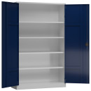 Ansicht von Innnen mit ge&ouml;ffneten T&uuml;ren vom Steelboxx XL Metallschrank abschlie&szlig;bar Fl&uuml;gelt&uuml;renschrank 1945 x 1200 x 420 mm grau/blau X-530371 komplett montiert.