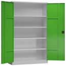 Ansicht von Innen mit ge&ouml;ffneten T&uuml;ren Seitenansicht vom Steelboxx XL Metallschrank abschlie&szlig;bar Fl&uuml;gelt&uuml;renschrank Aktenschrank 1945 x 1200 x 420 mm grau/gr&uuml;n X-530375 komplett montiert.