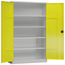 Ansicht von Innen mit ge&ouml;ffneten T&uuml;ren vom Steelboxx XL Metallschrank abschlie&szlig;bar Fl&uuml;gelt&uuml;renschrank Aktenschrank 1945 x 1200 x 420 mm grau/gelb X-530376 komplett montiert.