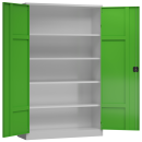 Ansicht Innen mit ge&ouml;ffneten T&uuml;ren vom Steelboxx XXL Metallschrank abschlie&szlig;bar Fl&uuml;gelt&uuml;renschrank Aktenschrank 1945 x 1200 x 600 mm grau/gr&uuml;n X-530385 komplett montiert.
