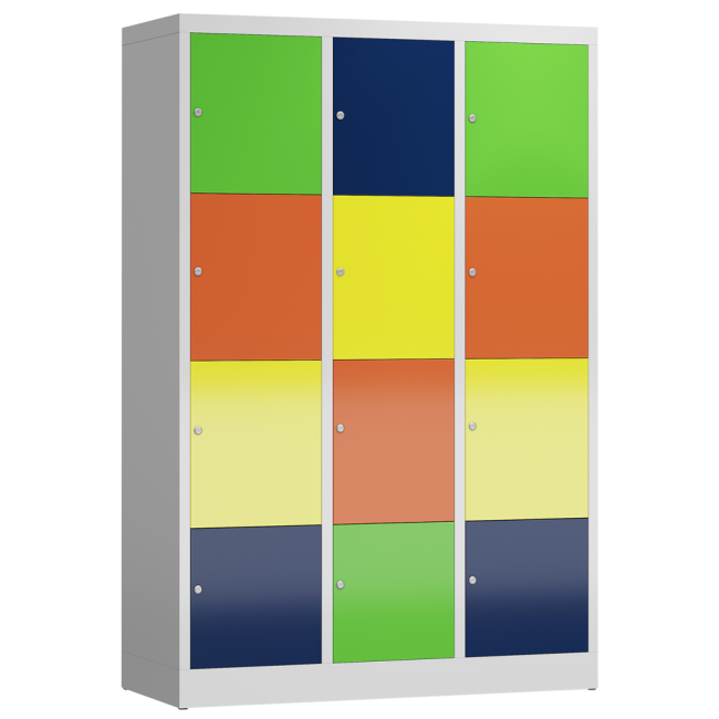 Gebraucht- ClassiX Schließfachschrank, 3 Abteile à 4 Fächer, 1800 x 1185 x 500 mm, lichtgrau/bunt