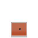 Frontansicht mit geschlossenen T&uuml;ren vom Steelboxx Metallschrank abschlie&szlig;bar Fl&uuml;gelt&uuml;renschrank Aktenschrank 750 x 800 x 380 mm grau/rot X-530304 komplett montiert.