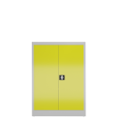 Frontansicht mit ge&ouml;ffneten T&uuml;ren vom Steelboxx Metallschrank abschlie&szlig;bar Fl&uuml;gelt&uuml;renschrank Aktenschrank 120x92x42cm grau/gelb X-530326 komplett montiert.