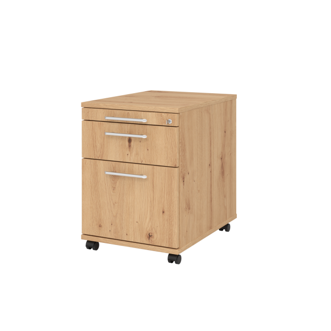 Rollcontainer aus Holz - 3 Schubladen - asteiche - Relinggriff Kunststoff