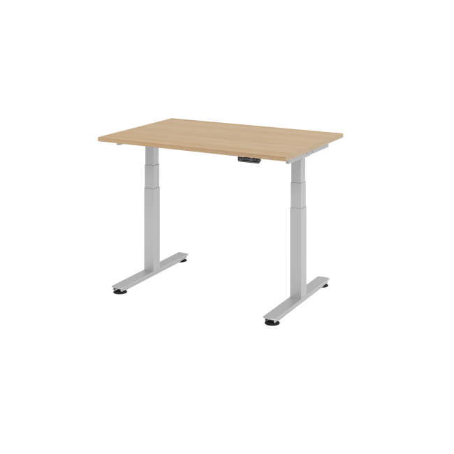 E-Tisch Jakarta - elektr. höhenverstellbar - 1200 x 800 - T-Fuß - silber/eiche
