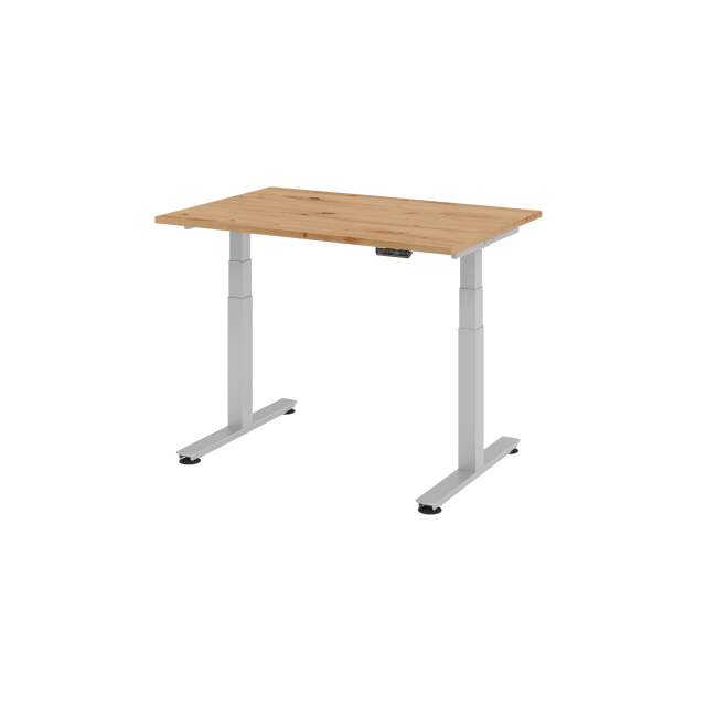 E-Tisch Jakarta - elektr. höhenverstellbar - 1200 x 800 - T-Fuß - silber/asteiche