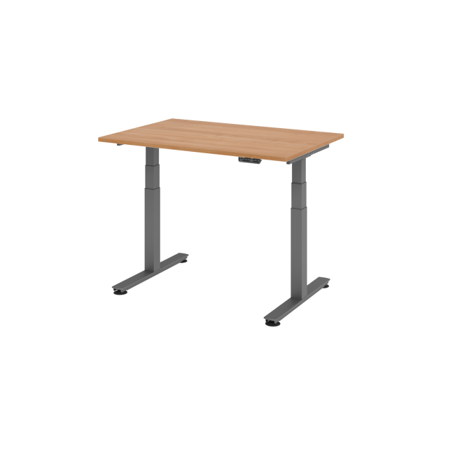 E-Tisch Jakarta - elektr. höhenverstellbar - 1200 x 800 - T-Fuß - graphit/nussbaum