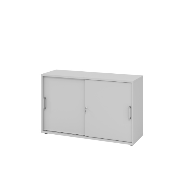 Schiebetürenschrank aus Holz - 2 Ordnerhöhen - zerlegt - grau - Chromgriff Metall