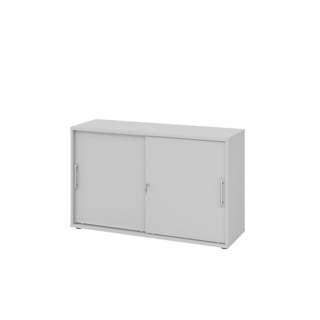 Schiebetürenschrank aus Holz - 2 Ordnerhöhen - zerlegt - grau - Relinggriff Kunststoff