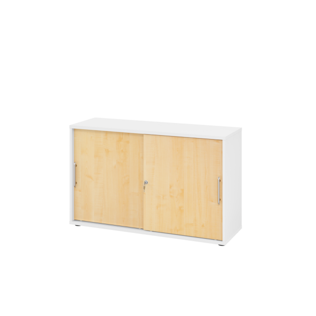 Schiebetürenschrank aus Holz - 2 Ordnerhöhen - zerlegt - weiß/ahorn - Relinggriff Kunststoff