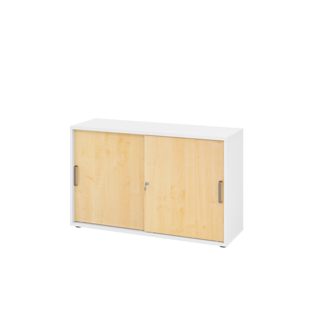 Schiebetürenschrank aus Holz - 2 Ordnerhöhen - zerlegt - weiß/ahorn - Streifengriff Kunststoff