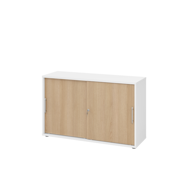 Schiebetürenschrank aus Holz - 2 Ordnerhöhen - zerlegt - weiß/eiche - Relinggriff Kunststoff