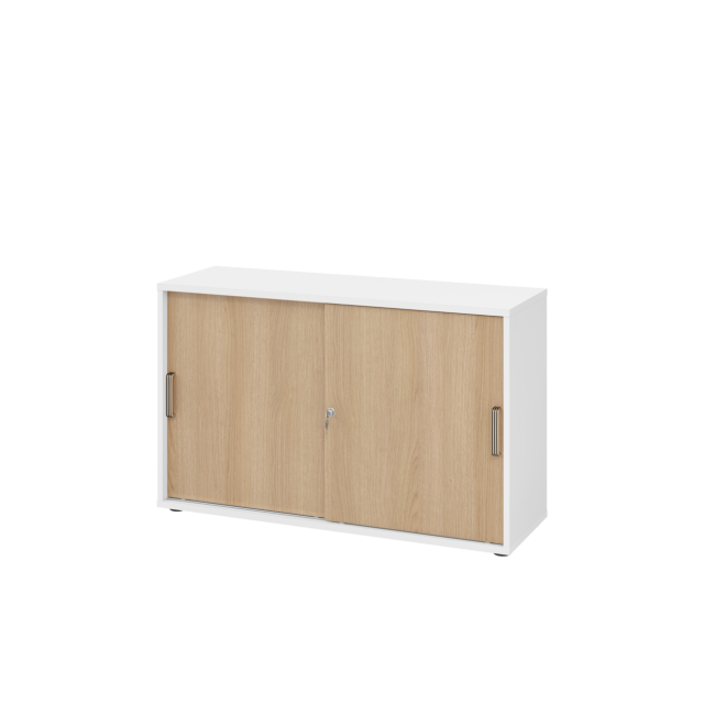 Schiebetürenschrank aus Holz - 2 Ordnerhöhen - zerlegt - weiß/eiche - Streifengriff Kunststoff