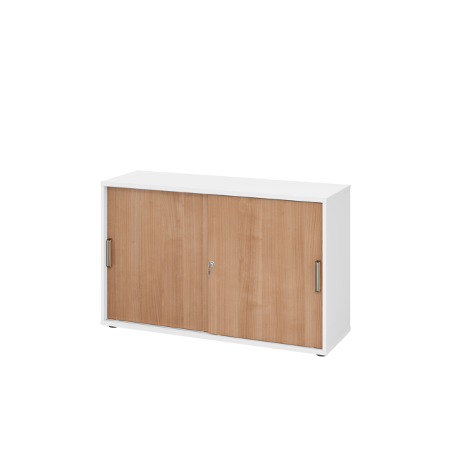 Schiebetürenschrank aus Holz - 2 Ordnerhöhen - zerlegt - weiß/nussbaum - Streifengriff Kunststoff