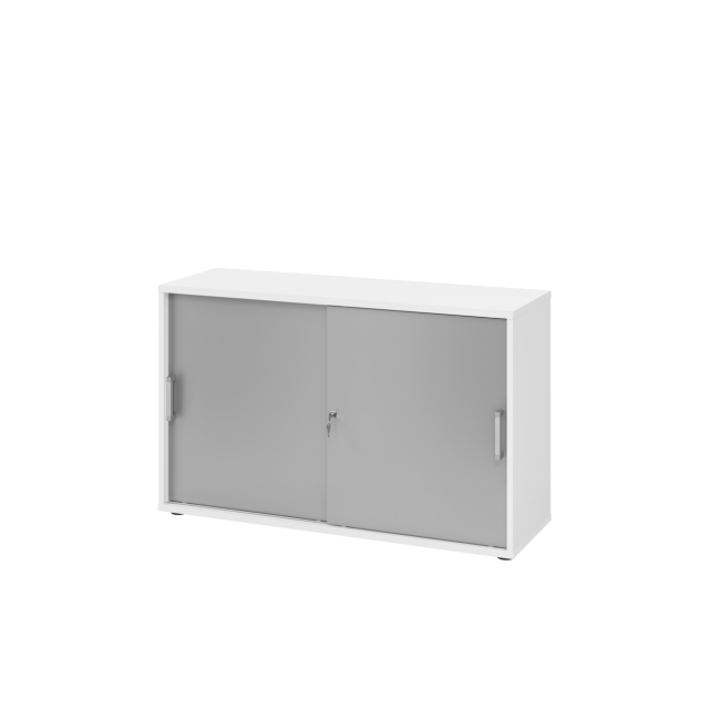 Schiebetürenschrank aus Holz - 2 Ordnerhöhen - zerlegt - weiß/silber - Chromgriff Metall