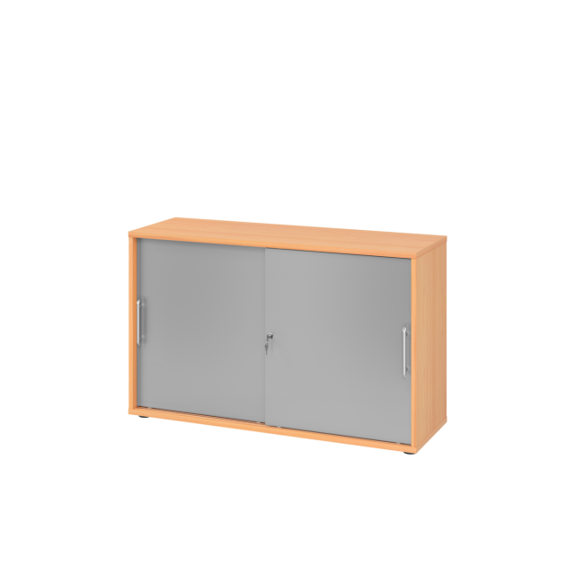Schiebetürenschrank aus Holz - 2 Ordnerhöhen - zerlegt - buche/silber - Relinggriff Kunststoff